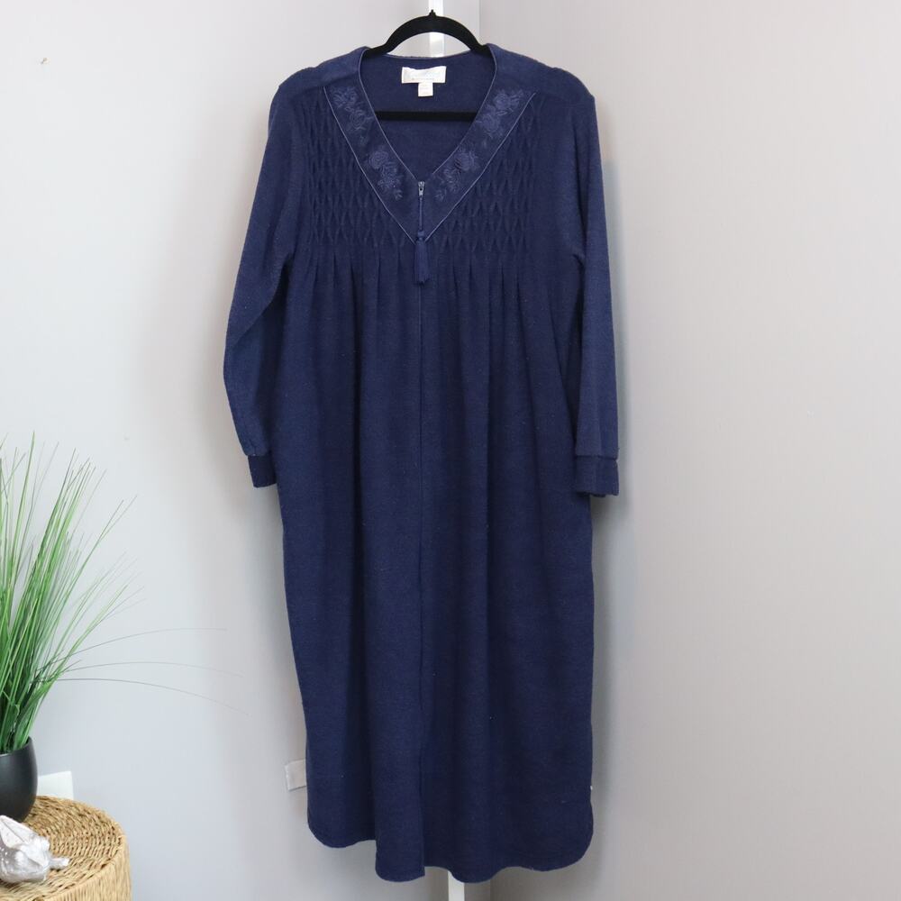 Vintage Collette by Miss Elaine Zip Robe Navy Blue‎ Housecoat PM Fleece Knit